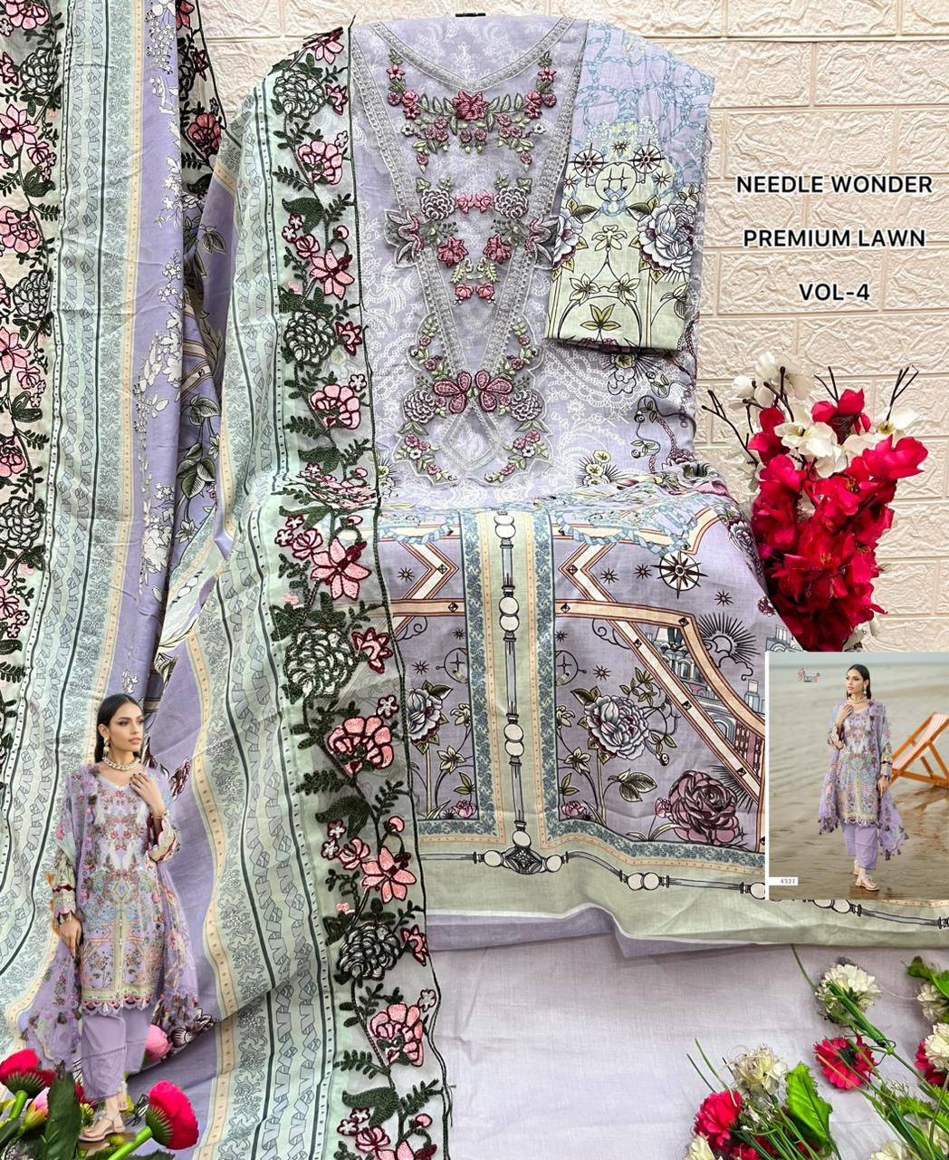 NEEDLE WONDER PREMIUM LAWN VOL-4 By Shree Fabs 4321 To 4328 Series Designer Pakistani Suits Pure Cotton print Dresses At Wholesale Price